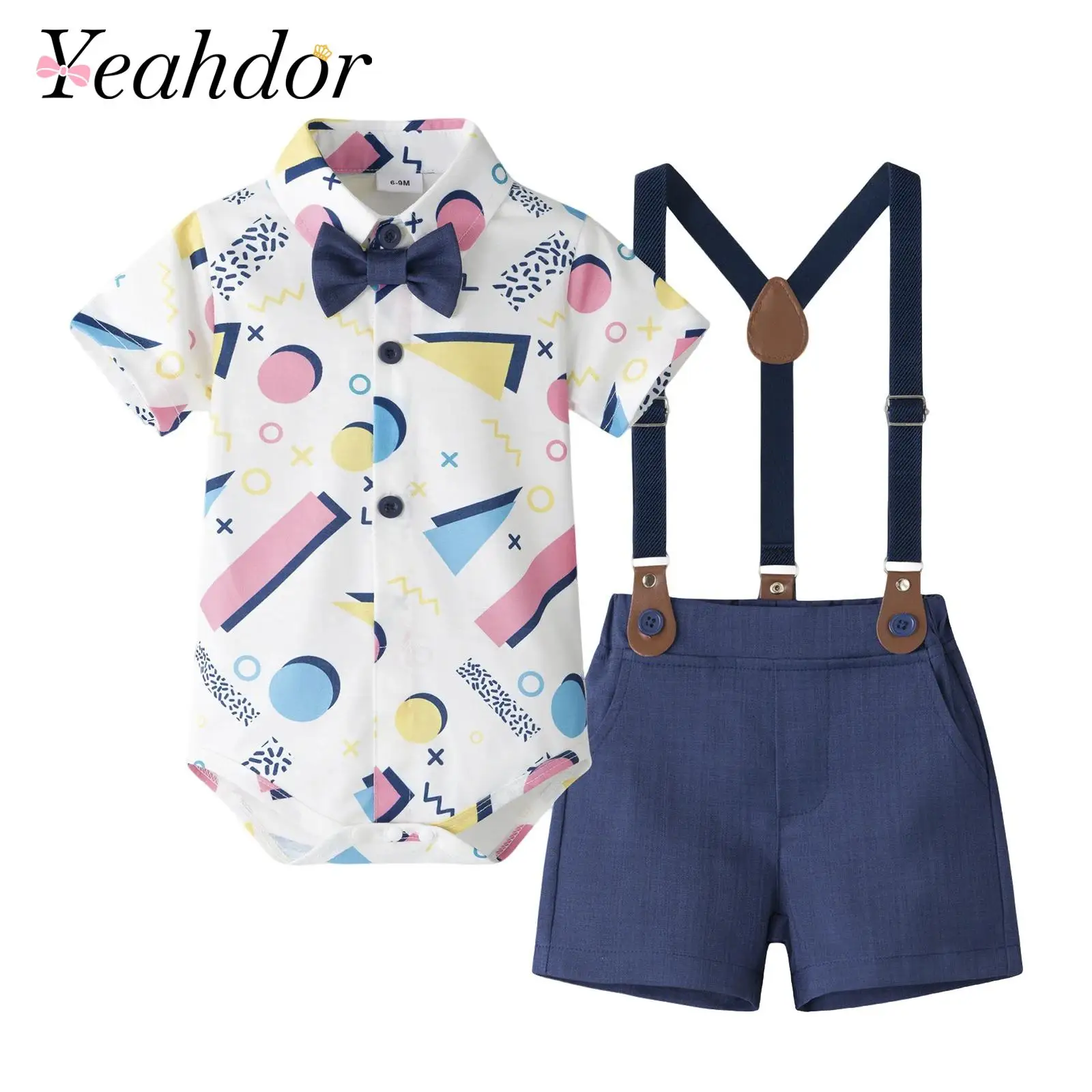 

Toddlers Boys Gentleman Suit Infants Clothes Sets Short Sleeve Rompers with Bowtie Suspenders Shorts for Birthday Wedding