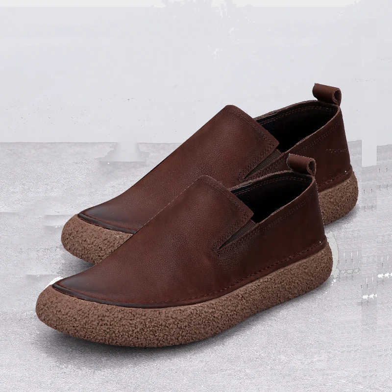EAGSITY High quality Cow leather men shoes outdoor casual slip on comfort loafer shoes slip on retro sneaker platform work shoes