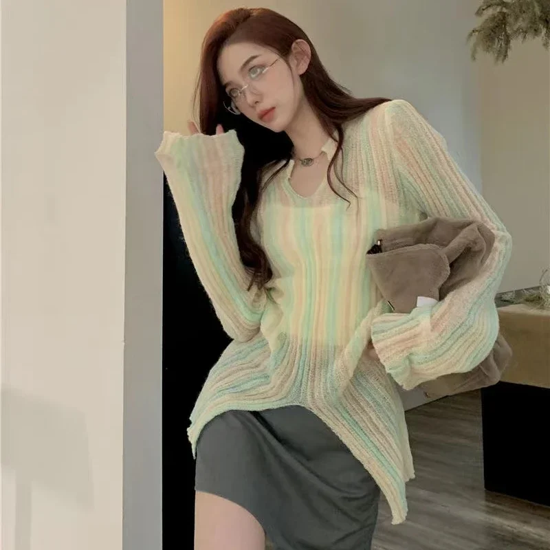 Sunproof Striped Pullovers Women Summer Knit Temper All-match Loose Transparent Elegant Holiday Outwear Design Fashion V-neck