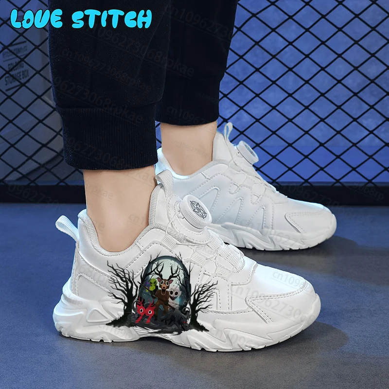 99 Nights in The Forest Small White Shoes Boys Girls Simple Rotating Button Interesting Print Four Seasons Universal Footwear