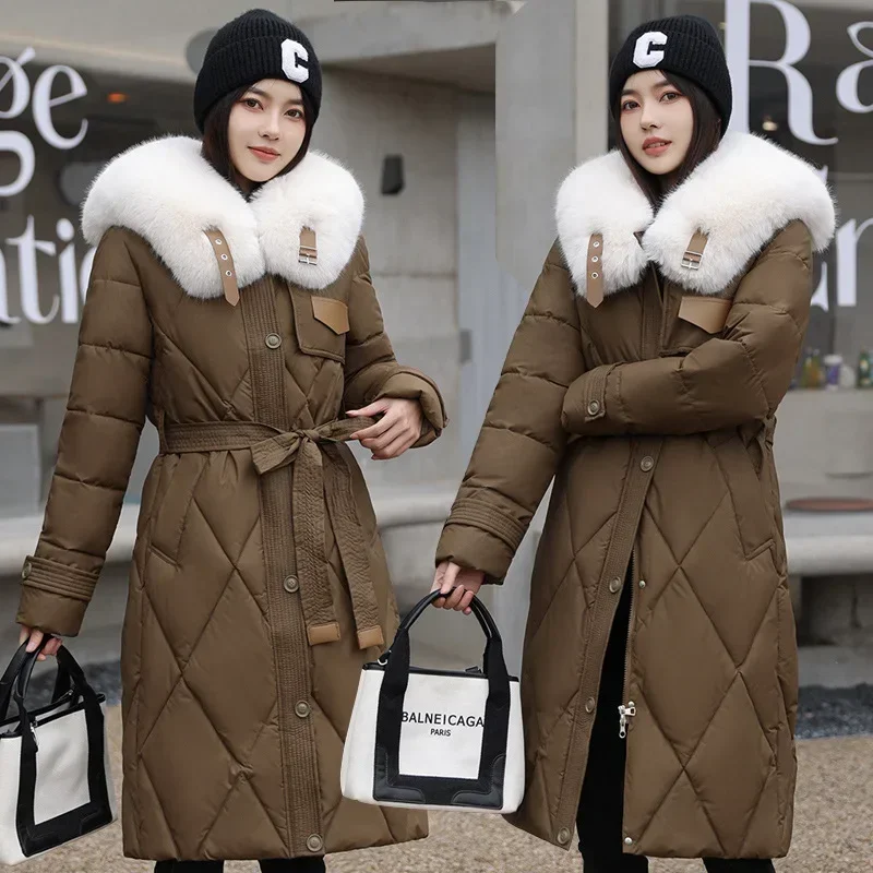 White Fur Collar Down Cotton Parkas Padded Coat Women Winter 2023 New Fashion Long Over The Knee Waist Warm Thick Parkas Coat