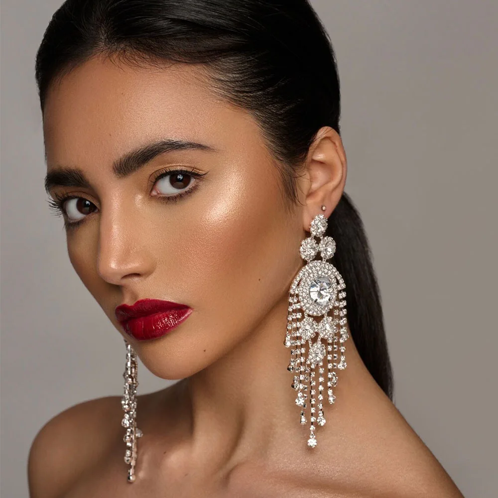 

Elegant Crystal Long Tassel Earrings For Women, Silver Color Glass Rhinestone Earring, Wedding Jewelry Fashion Banquet Accessory