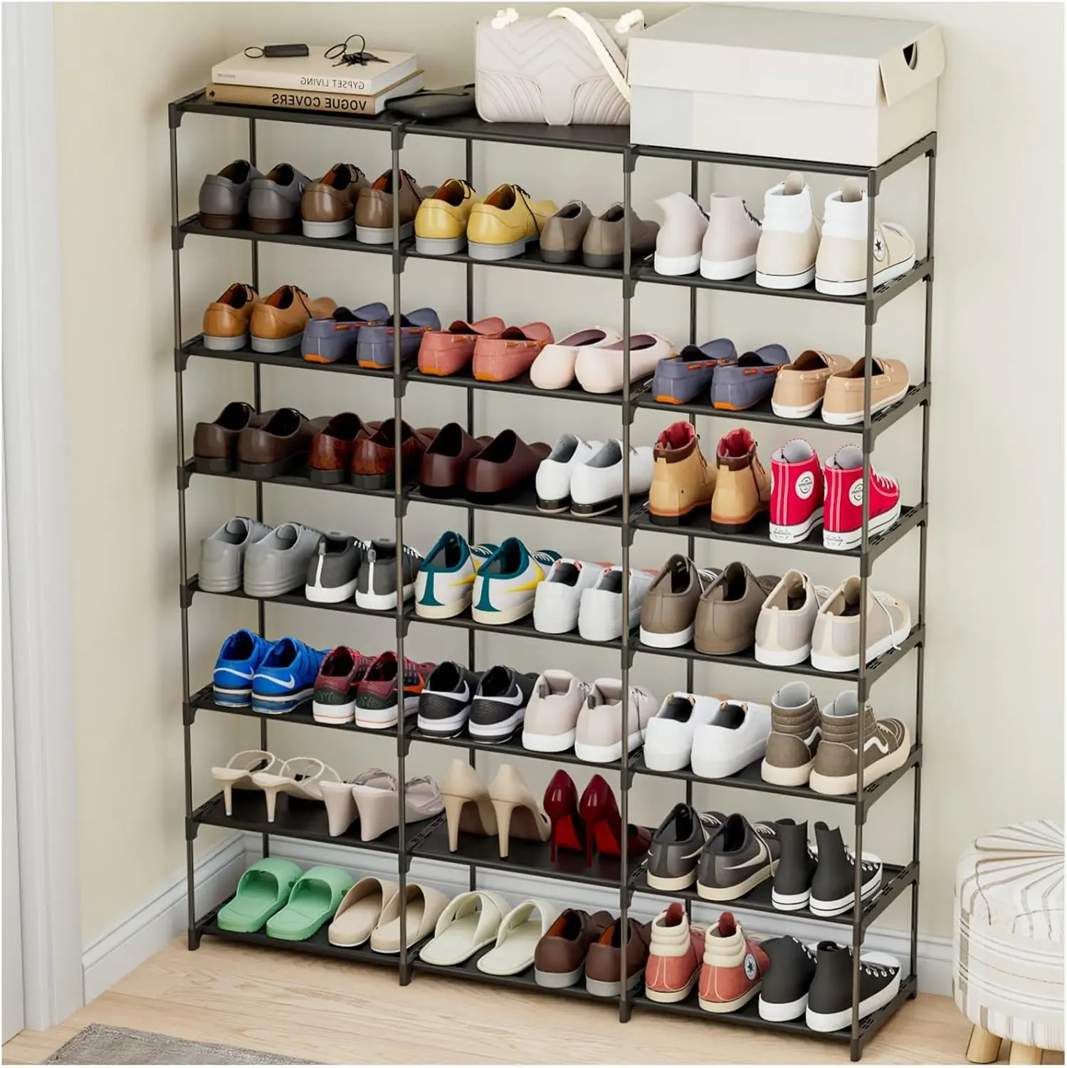 

Large Shoe Rack 3 Row 8 Tier for Entryway Organizer 48 Pairs, Tiered Sneaker Shelves with Dust-Proof Mats, Space Saving