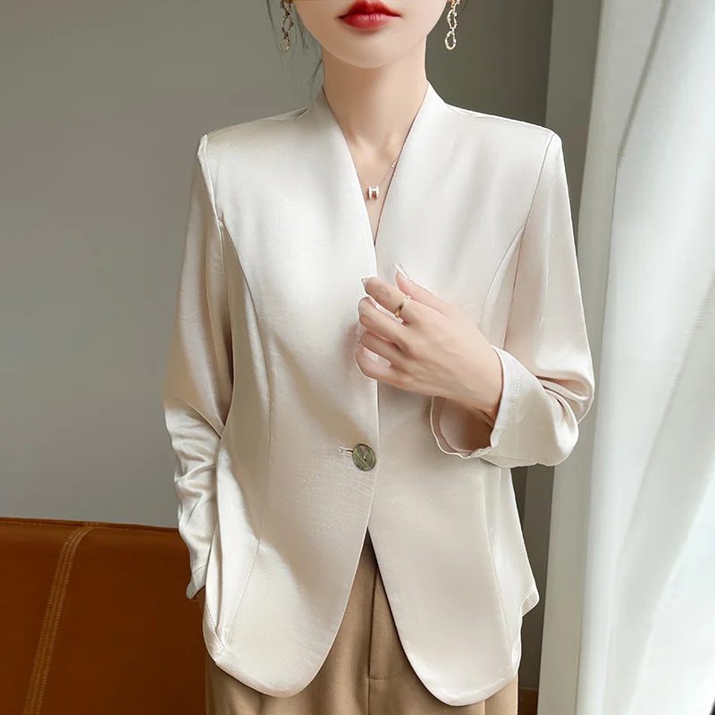 

2025 простой повседневный пиджак, женский новый модный атласный топ, женский костюм в западном стиле на одной пуговице, тонкий кардиган