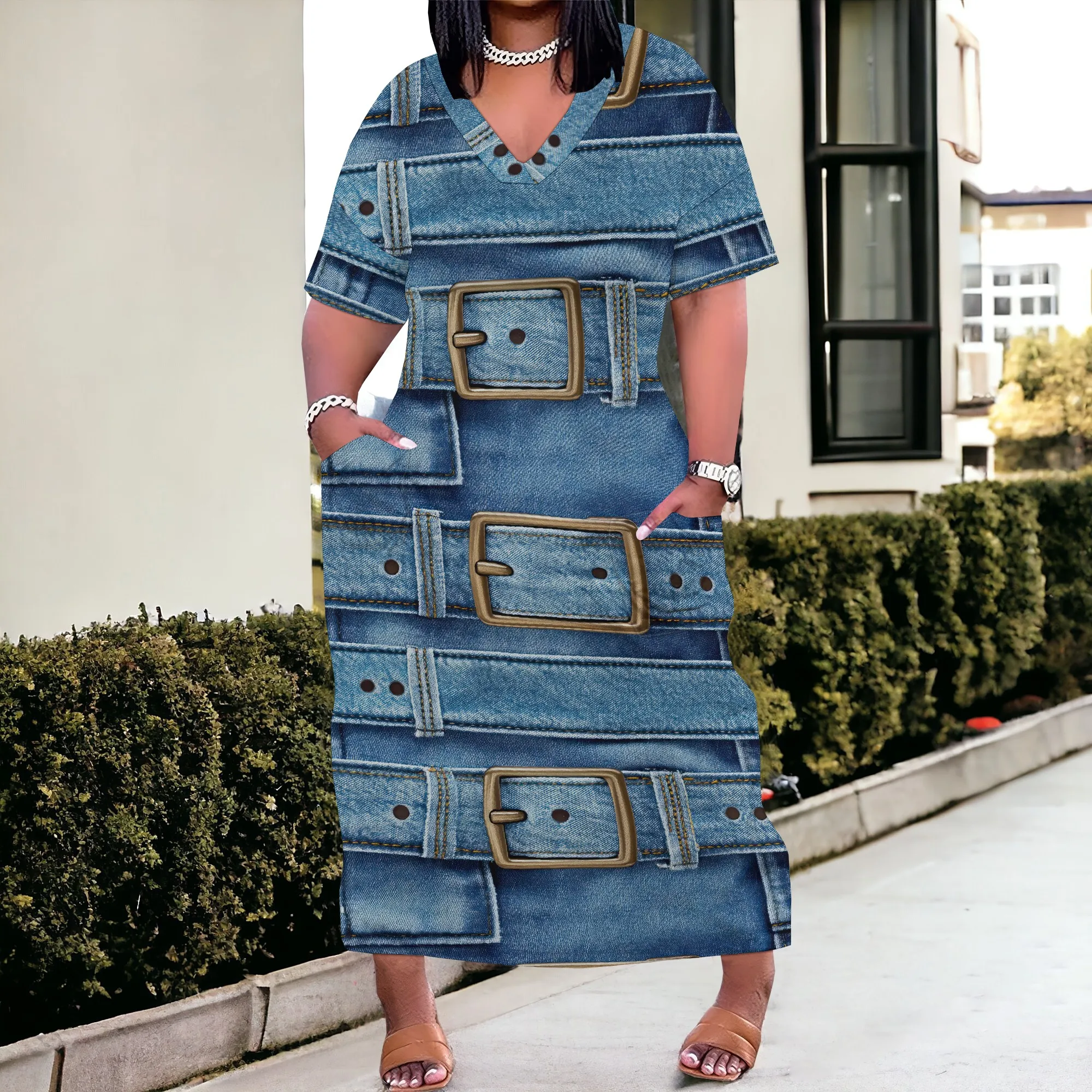 

SheFirstStyle Patchwork Denim Maxi Dress Women's Plus Size S-4XL Casual Dress with Pockets for Weekend Outings