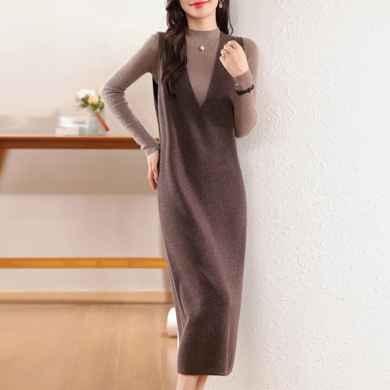 100% wool women's knitted vest, long, large V-neck, fashionable, popular, new autumn and winter 2024