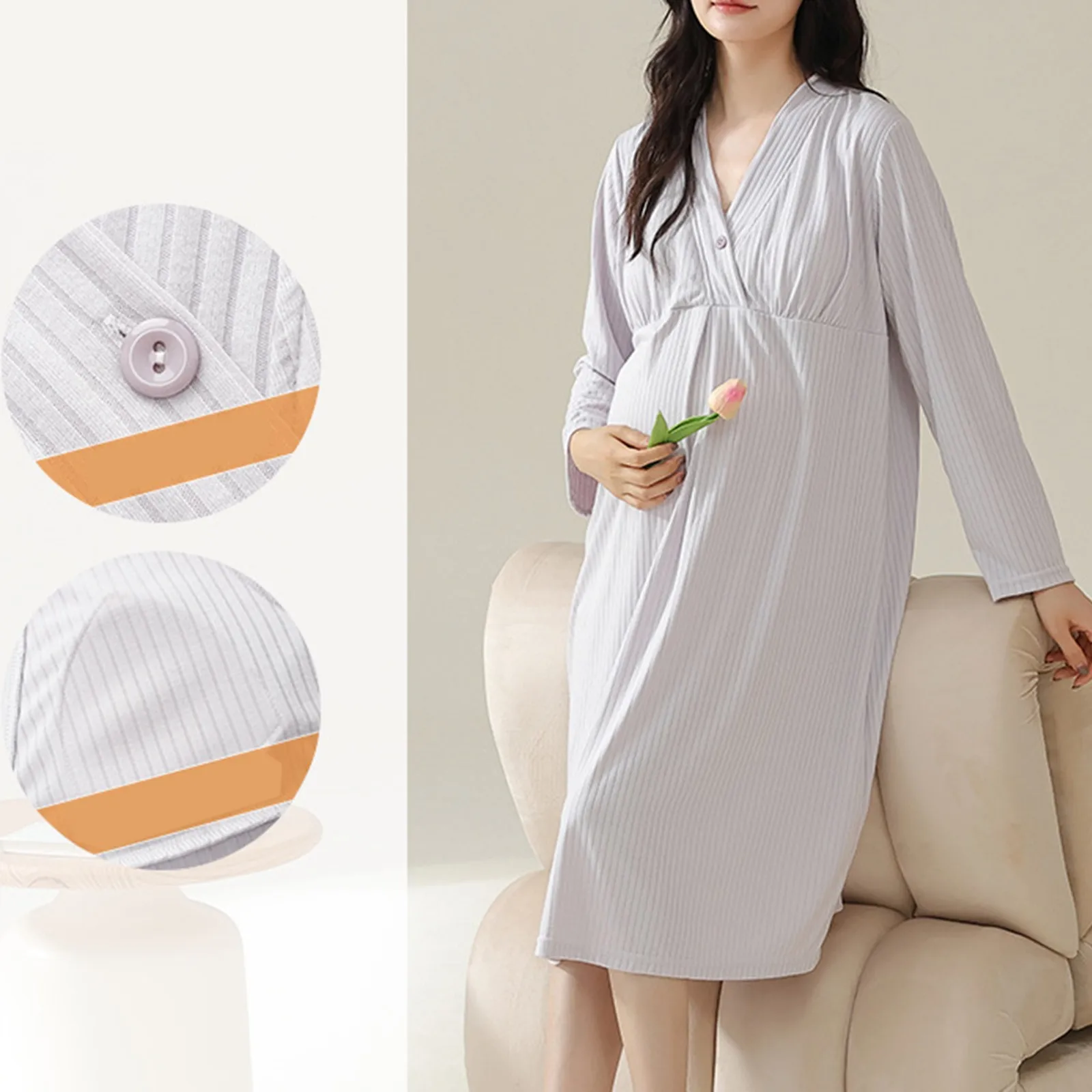 

Maternity Dress For Women Fashion Long Sleeve Breast Feeding Nightdress Summer Thin Breast Pad Dresses Woman Maternity Vestidos