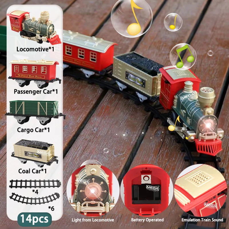 Classical Battery Operate Electric Railway Train Steam Locomotive Set Train Toys for Kids with Light&Emulation Train Sound