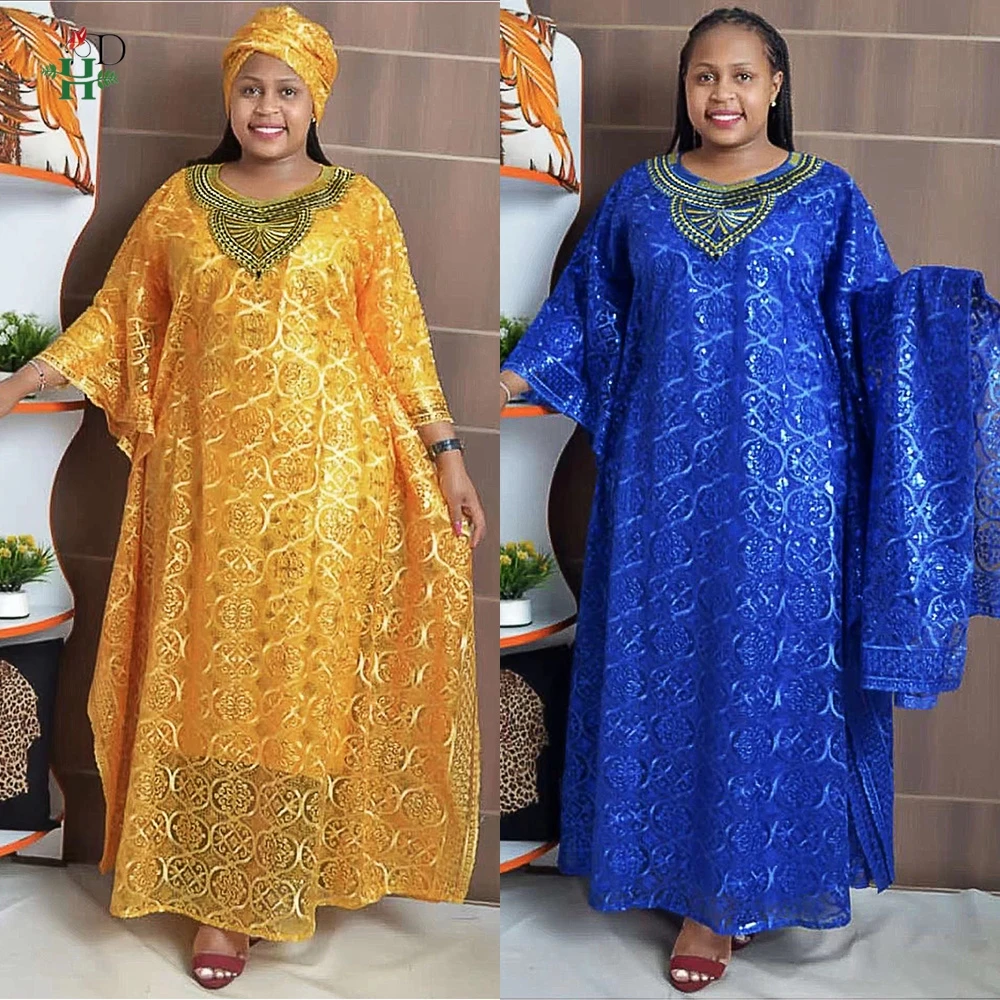 H&D Dashiki African Dresses For Women Spring Summer African Muslim Ramadan Blue Yellow O-Neck Dress Inner With Headtie Clothes