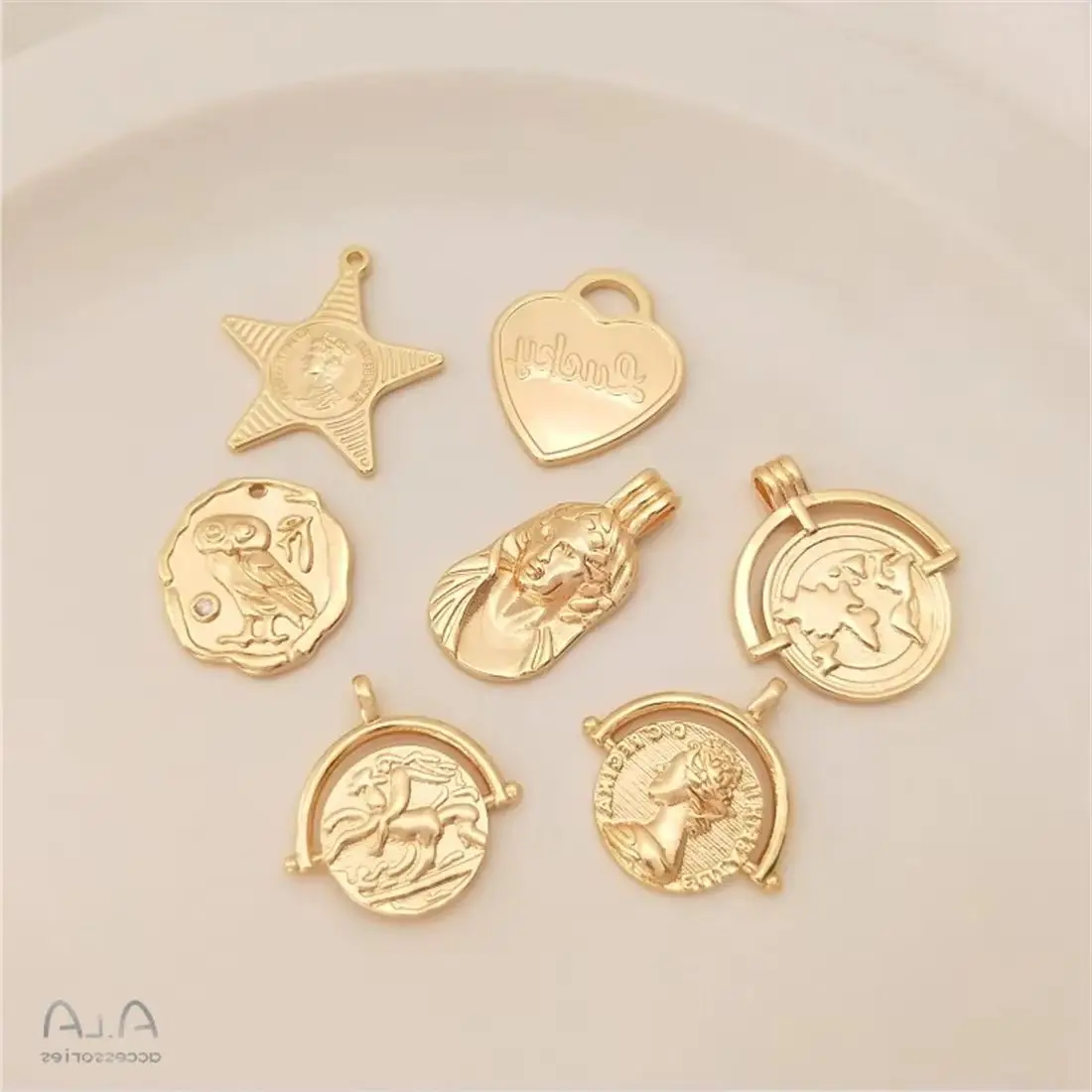 14K Gold Coin Queen Portrait Love Shaped Five Pointed Star Pendant DIY Necklace European and American Style Pendant Accessories