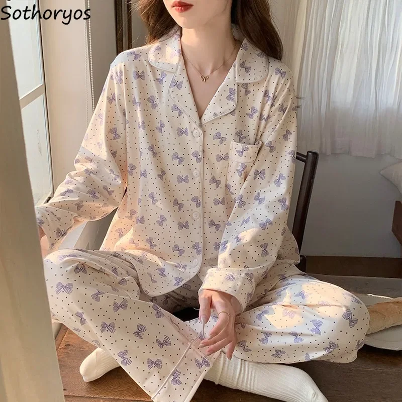 Pajama Sets Women Long Sleeve Chic Polka Dot Printed Daily Slouchy Trendy Autumn Winter Ladies Pajamas Home Clothes Classic Ins