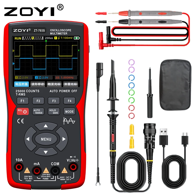 Imagem -04 - Zoyi-multímetro Digital Portátil Zt703 em Osciloscópio de Canais Gerador de Sinal para Eletricista