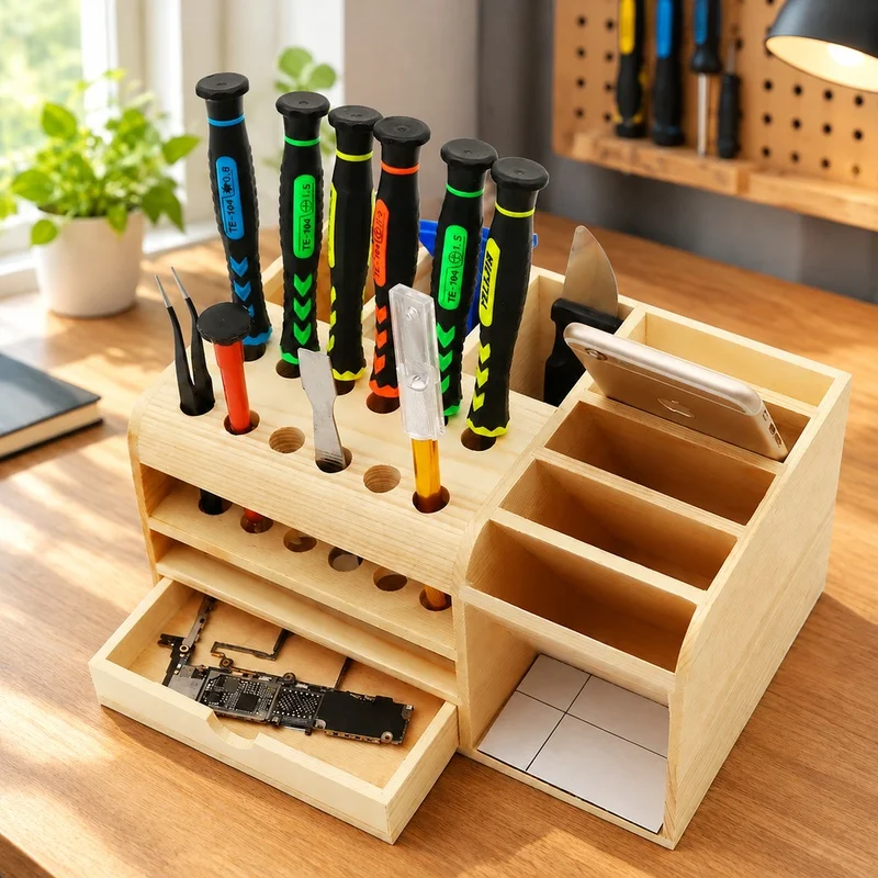 Multi-Compartment Wooden Storage Tray for Mobile Repair Tools Including Screwdrivers, Pliers, Tweezers, and Small Parts