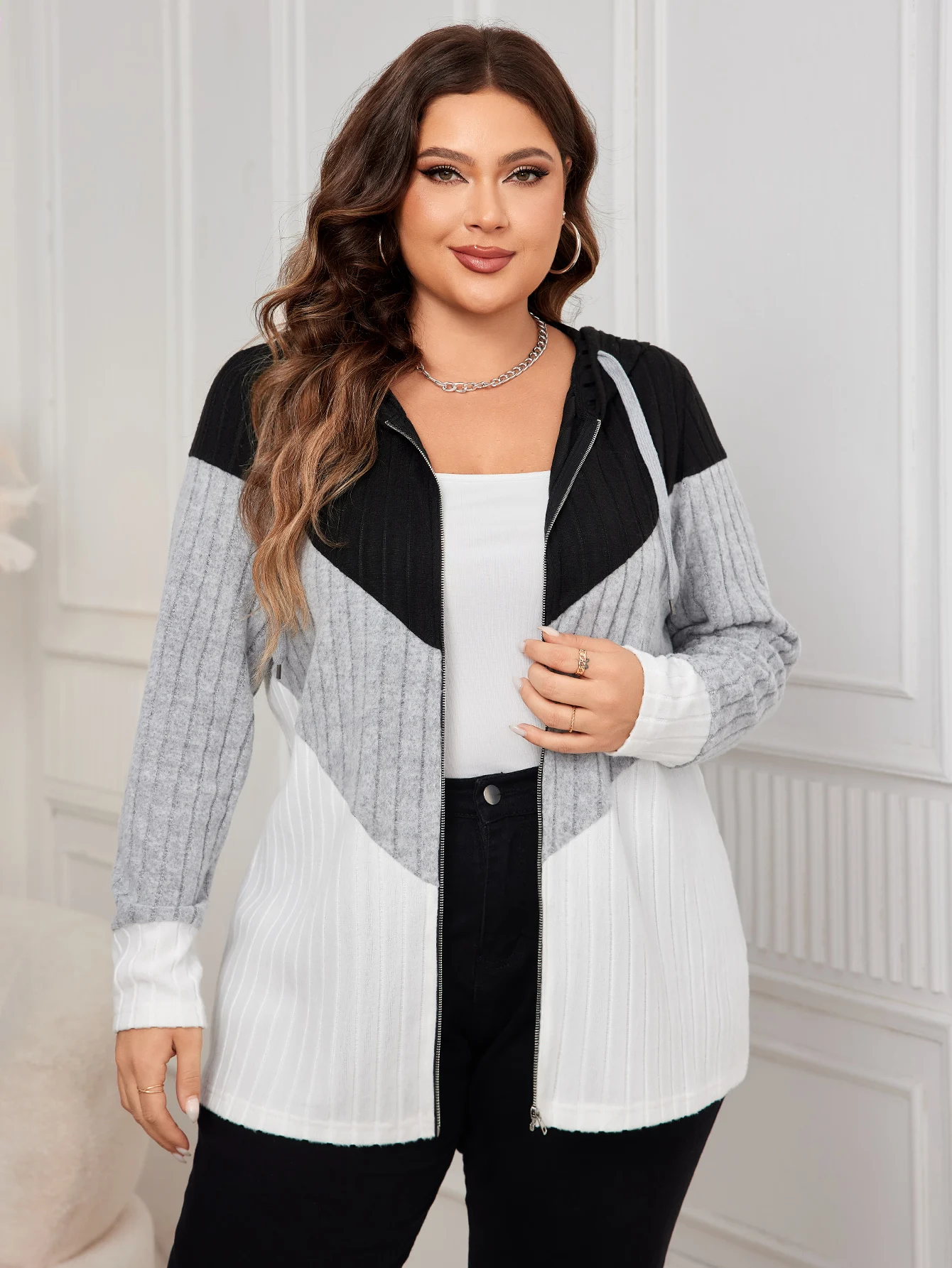 KEBY ZJ Plus Size Kleurblok Zip Up Jas Vrouwen 2024 Herfst Nieuwe Trekkoord Capuchon Lange Mouw Casual Rib-gebreide Jas Top