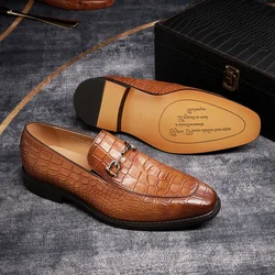 Formal Men's Oxford Shoes Pointed Toe Wedding Shoes Metal Buckle Genuine Leather Crocodile Pattern Men's Business Dress Shoes