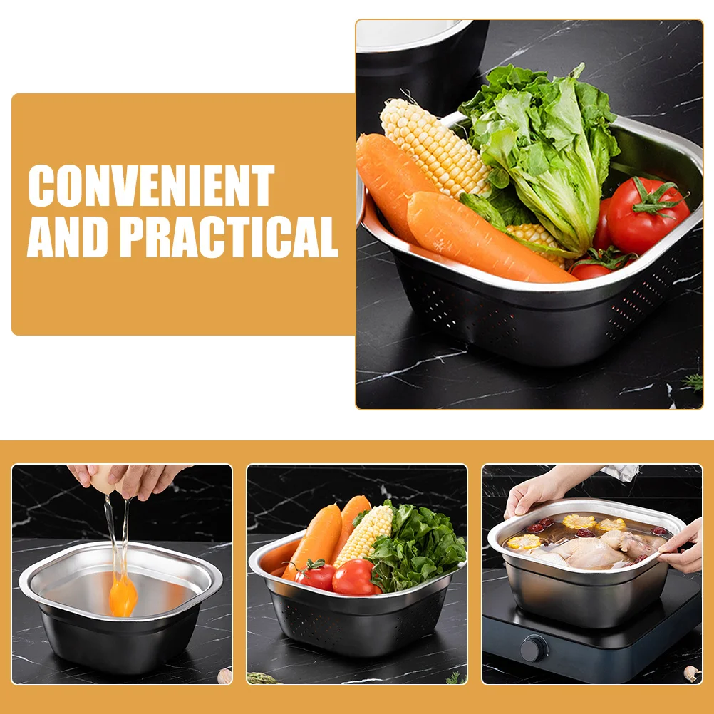 

Multifunctional Square Washing Basin Stainless Steel Heavy Duty Kitchen Vegetable Fruit Cleaning Tray Buffet Food Serving Pan