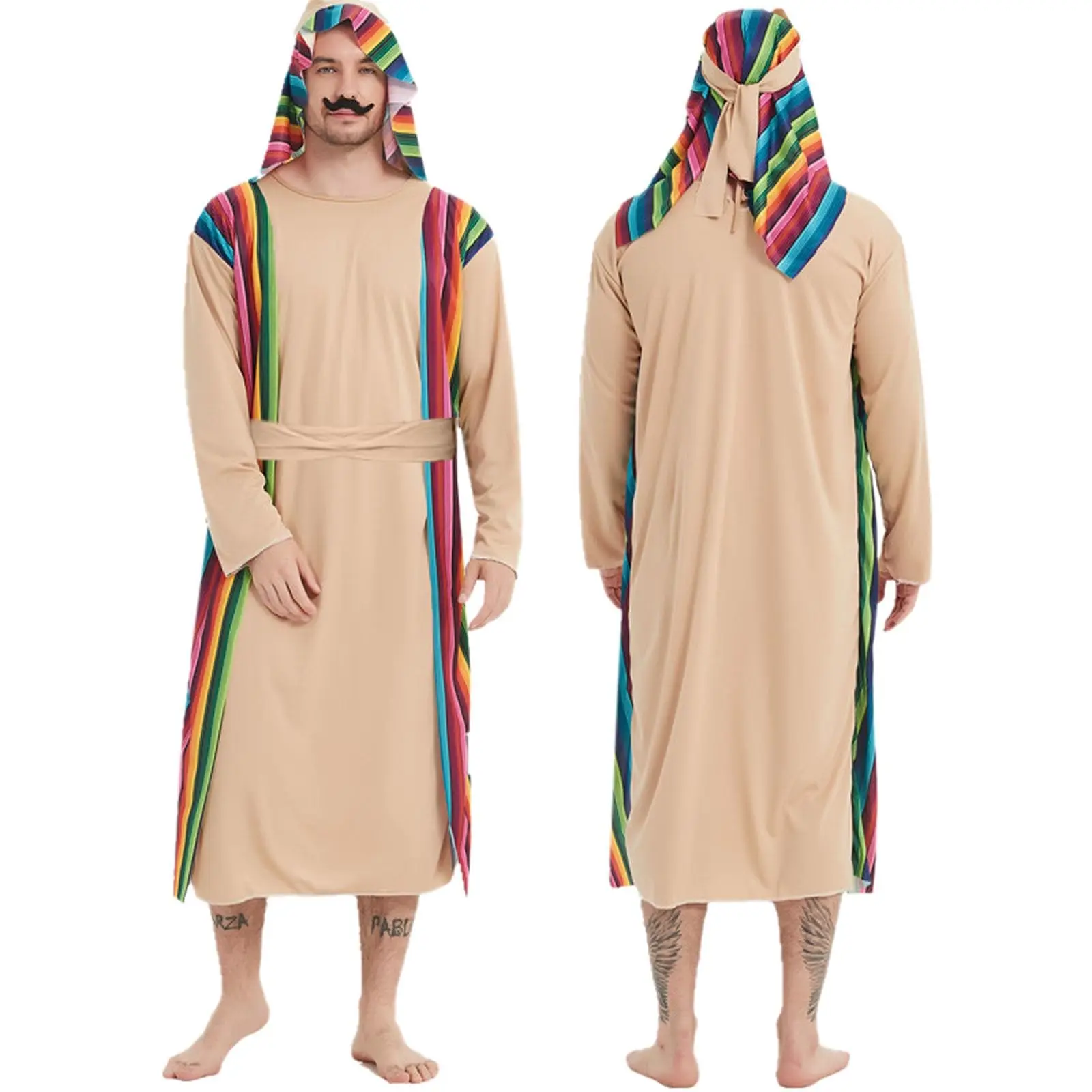 

Мужской народный костюм, бежевый халат в радужную полоску, галстук с капюшоном, этнический косплей, вечеринка 2026, модный стильный наряд, одежда Traje