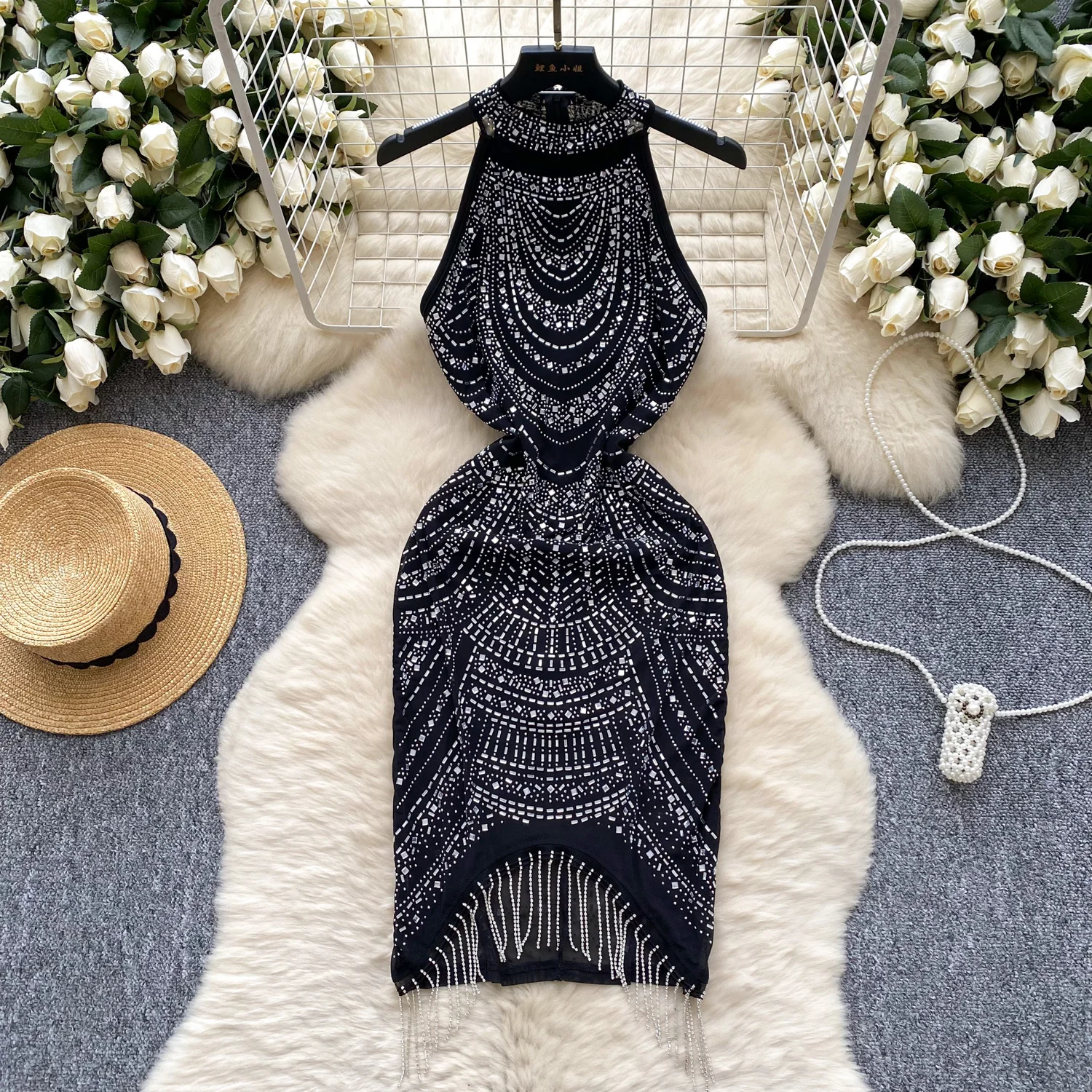 

Elegant Sleeveless Vintage O-neck Halter Chic Rhinestone Tassel Slim Dresses Birthday Party High Street Autumn Women Clothing