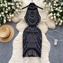 Elegant Sleeveless Vintage O-neck Halter Chic Rhinestone Tassel Slim Dresses Birthday Party High Street Autumn Women Clothing