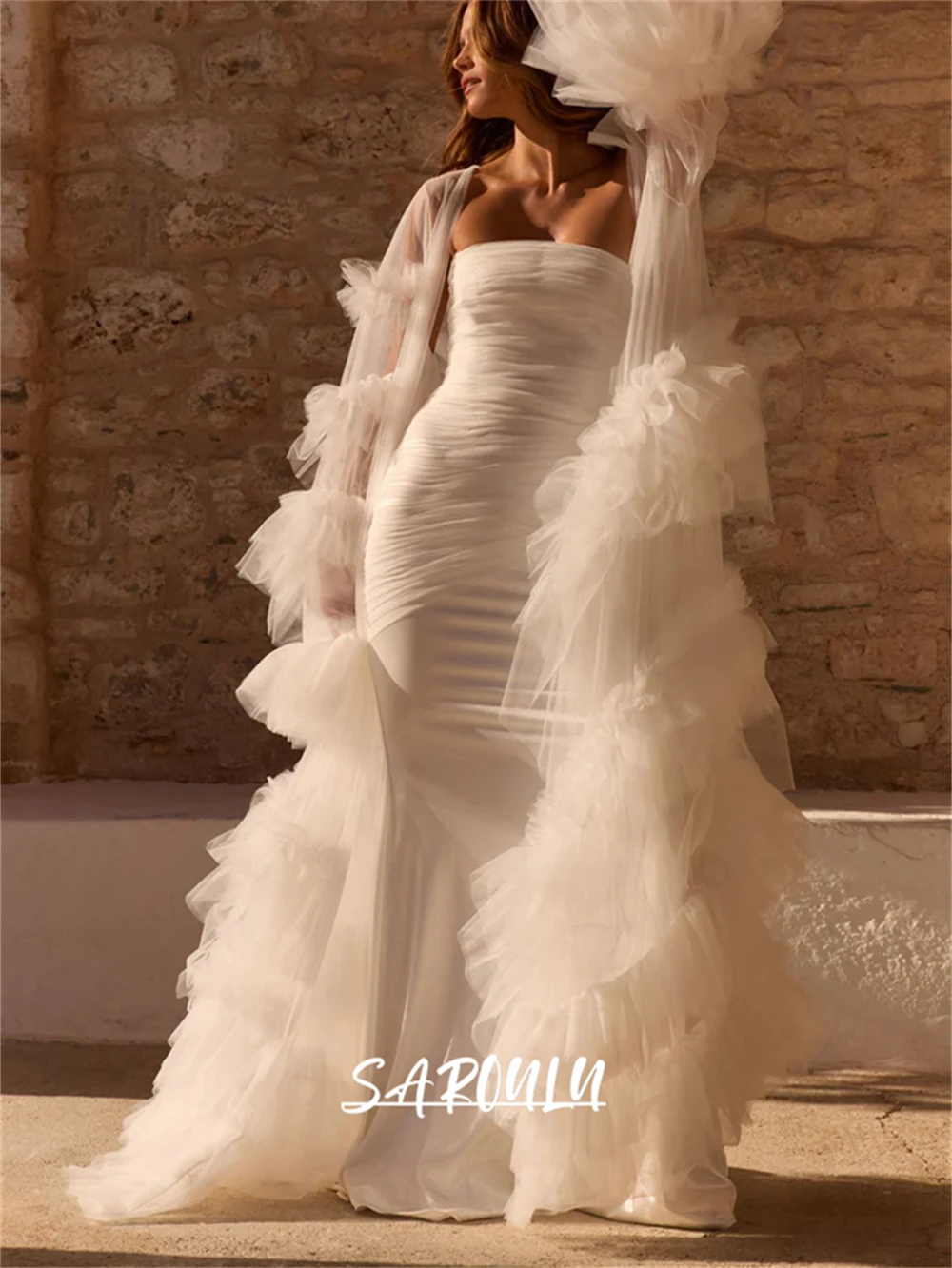 Women's Wedding Dress with Ruffled Tulle Shawl, 2026 Haute Couture Long Bride Dresses Destination Wedding Gown Customized