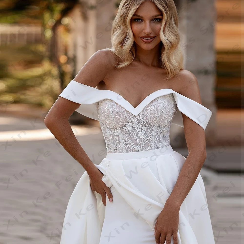 2024 Simple Women's Bridal Dresses Satin Sexy Off Shoulder Princess Ball Wedding Dress Formal Beach Party Welcome Guest Gowns De