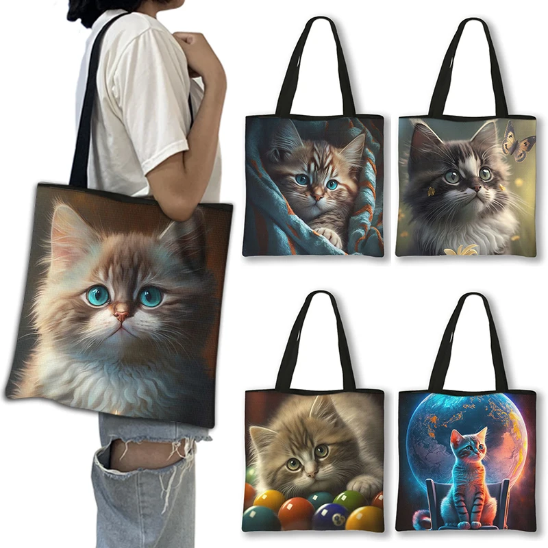 Kawaii Kätzchen drucken Umhängetasche Tier Katzen Cartoon Grafik Tragetaschen große Kapazität Damen handtasche wieder verwendbare Einkaufstaschen