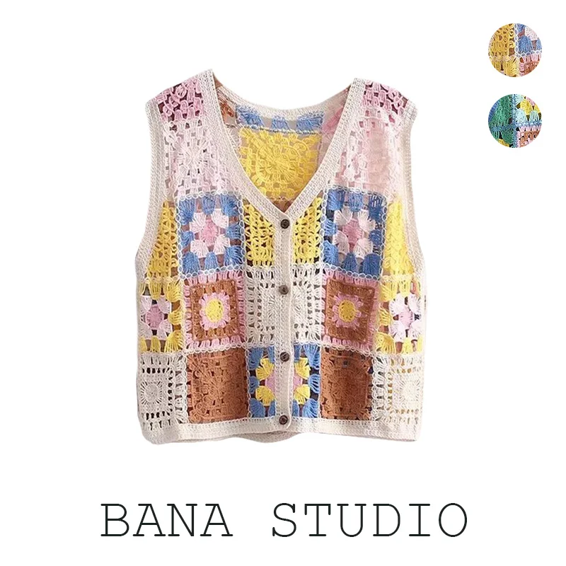 

BANA ort Hollow out Hook Flower Dopane Vest Women's Summer Outerwear Travel Vaion Sle V-Ne Button-Up Silk Cotton