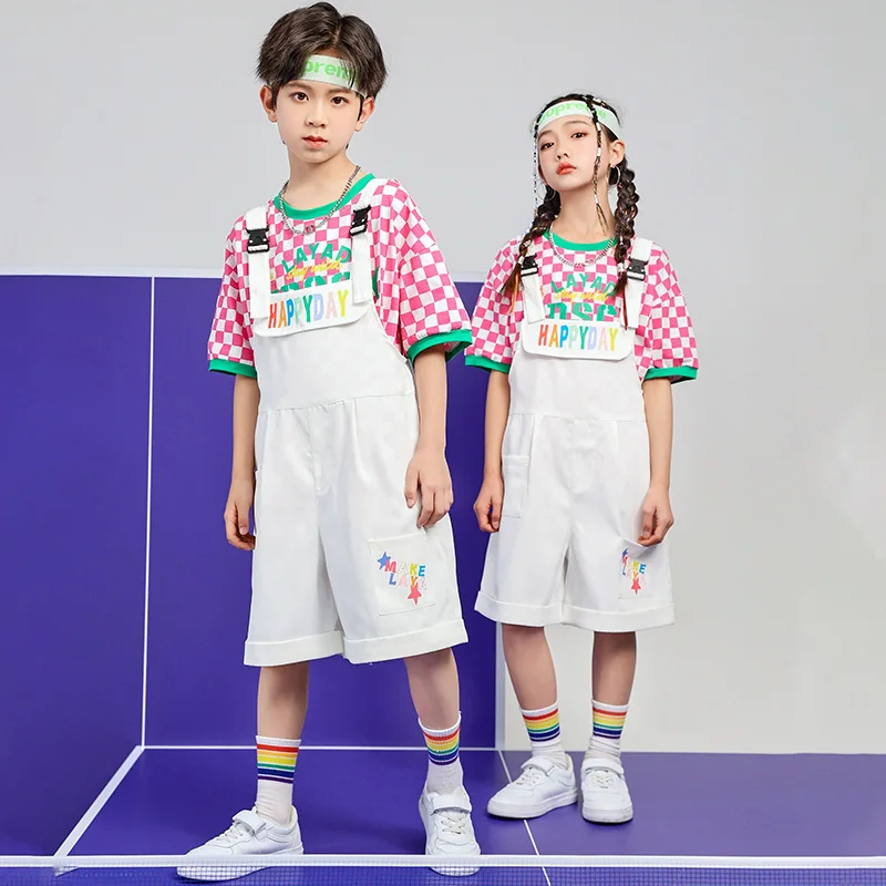 Kid Hip Hop Rose Checkered T Shirt Wide Casual Bib Shorts Overalls for Girls Boys Jazz Dance Kindgarten Perform Costume Clothes