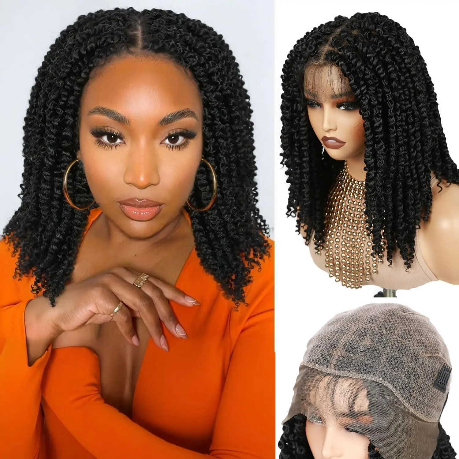 

Плетеные парики фронта шнурка для чернокожих женщин Синтетические весенние крученые косы Парик фронтальной части шнурка с детскими волосами Полные кружевные короткие парики боб