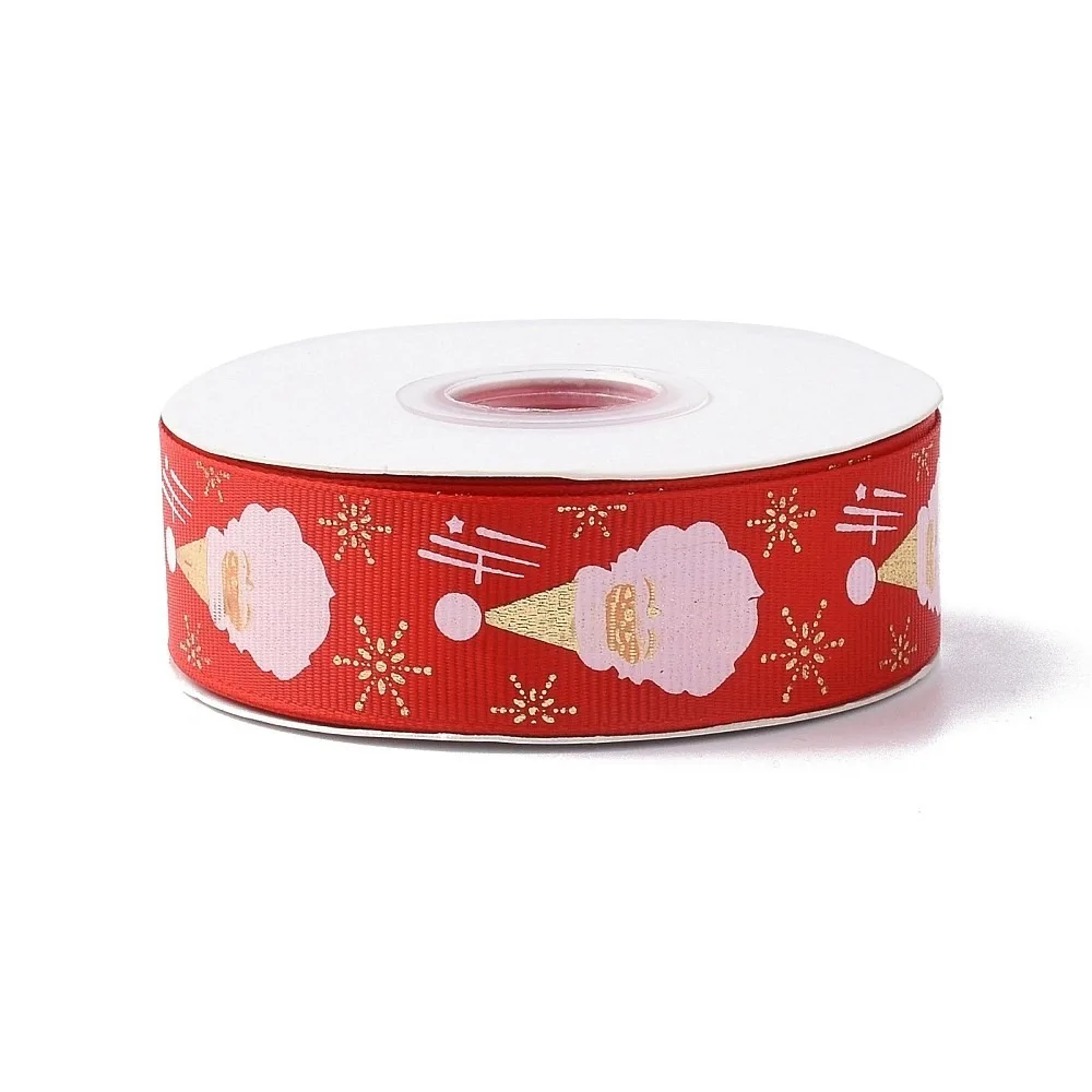 25 Yards Flat Christmas Theme Printed Polyester Grosgrain Ribbon for DIY Jewelry Making Red 7/8~1 inch(23~25mm)