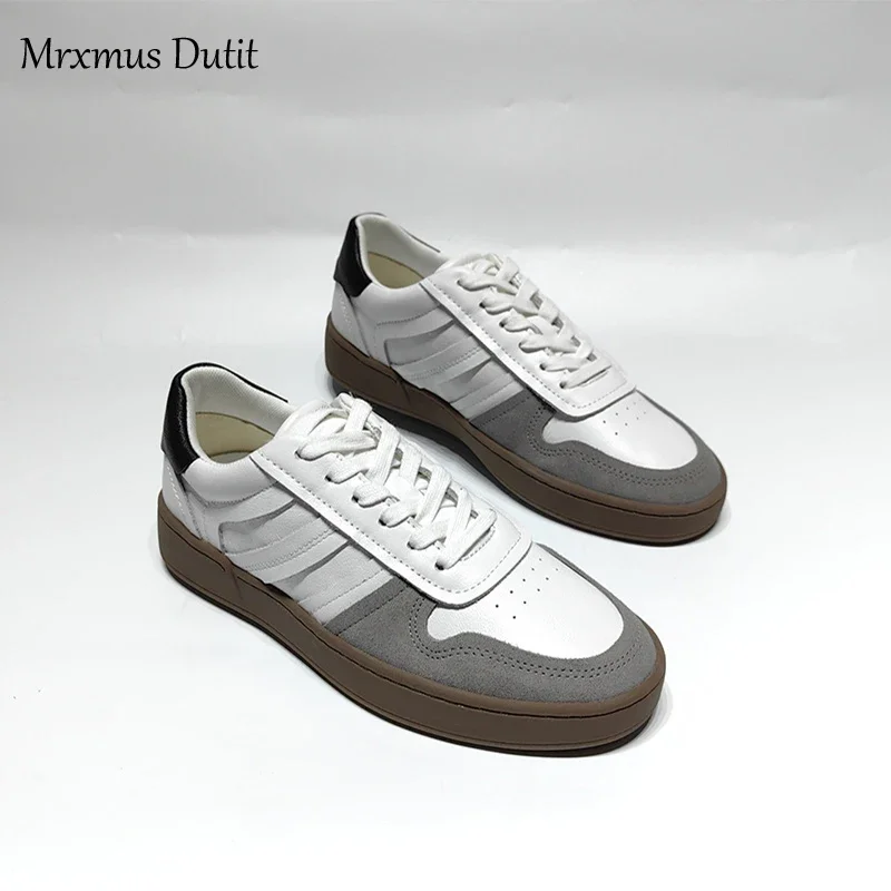 Mrxmus Dutit Women Autumn New 2024 Round Head Flats Shoes Leather Commute Versatile Lacing Sneaker Thick Soled Shoes Female Chic