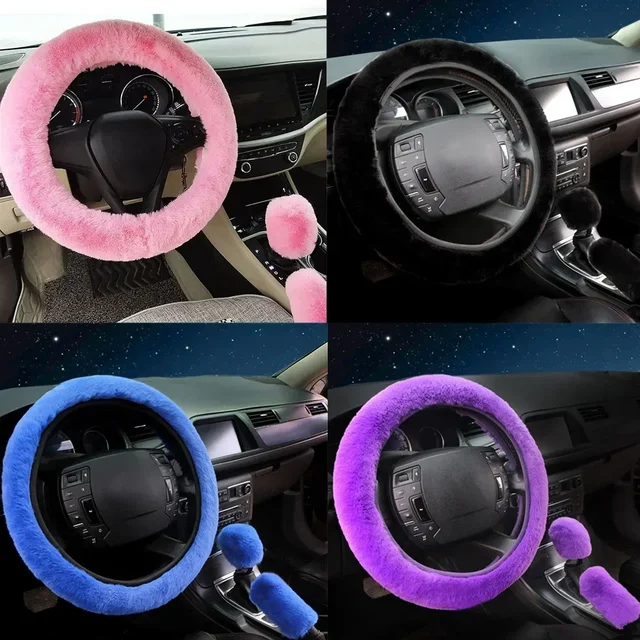 3 sztuki / zestaw futra puszystego grubego automatycznego pokrowca na kierownicę samochodową Miękka wełna Zimowy róż, niebieski, fioletowy, czarny na kierownicę 38 cm
