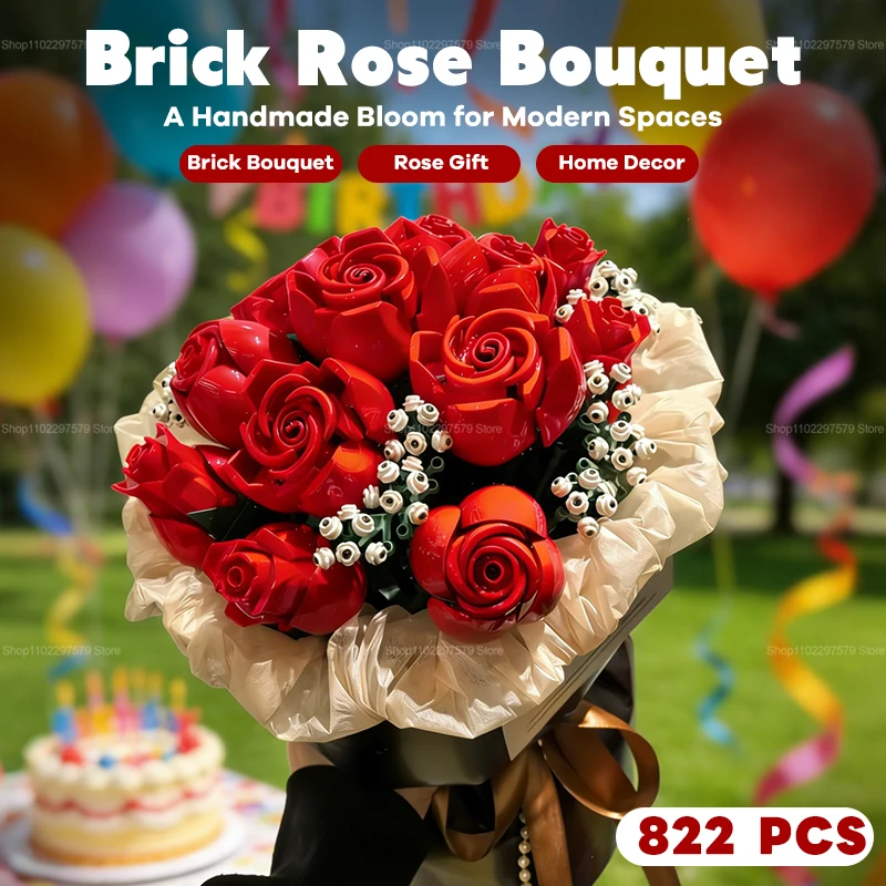 クリエイティブロマンチックなバラの花の花束ビルディングブロック-822pc-ホームデスク植物装飾ギフト女の子女性子供子供部屋のおもちゃギフト