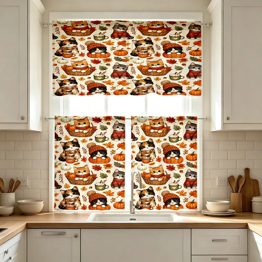 Thanksgiving Fall Kitchen Curtains, Sweater Cat Pumpkin, Digital Print, Kitchen Dining Room, Rod Pocket Polyester, Home Decor