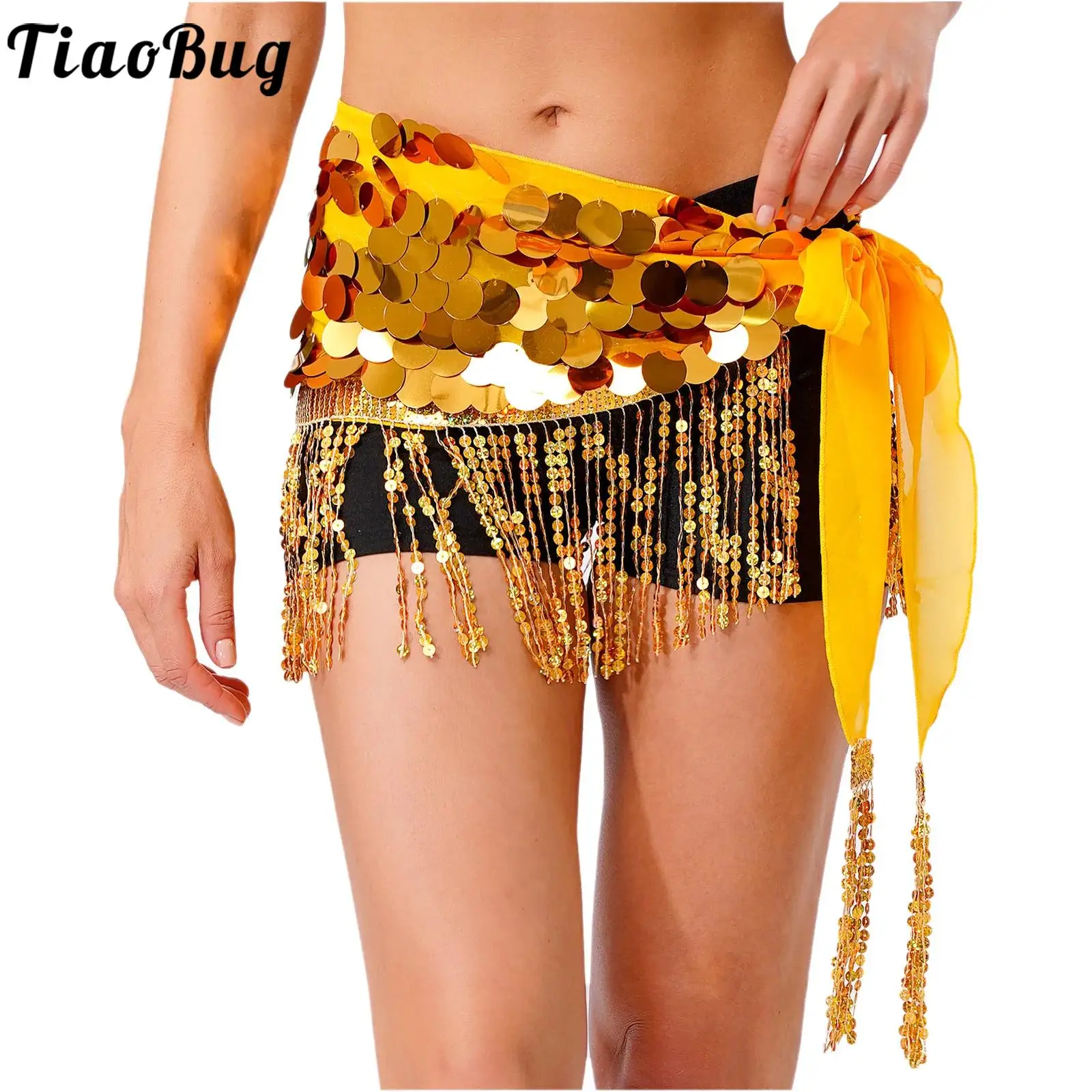 

Women Latin Belly Dance Hip Scarf Skirts Sparkly Sequin Tassel Fringe Lace-up Waist Chain India Dance Belly Performance Skirt