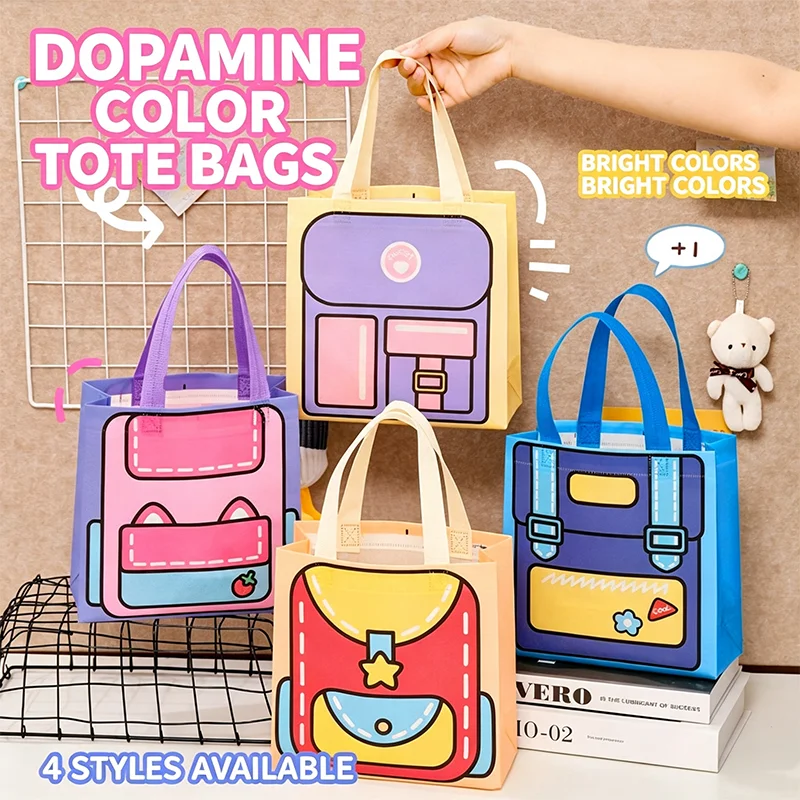 1-4PCS Aesthetic Dopamine Color Cartoon Backpack Pattern Tote Bag, Reusable Non-woven Hand Bag, Portable Small Shopping Bag