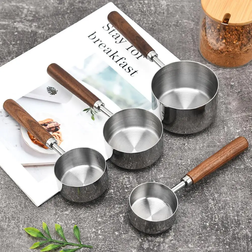 

Measuring Cups，Stainless Steel，with Wood Handle，Coffee Bean Graduated Measuring Spoon，for Cooking Baking Dog Cat Food