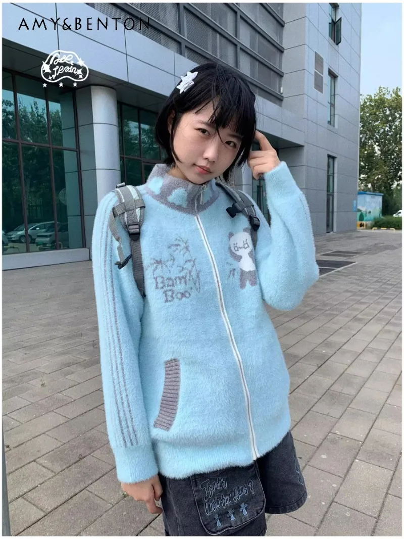 

2024 New Japanese Autumn and Winter Cute Original Design Cartoon Panda Knitted Fluffy Imitation Mink Sweater Jacket For Female