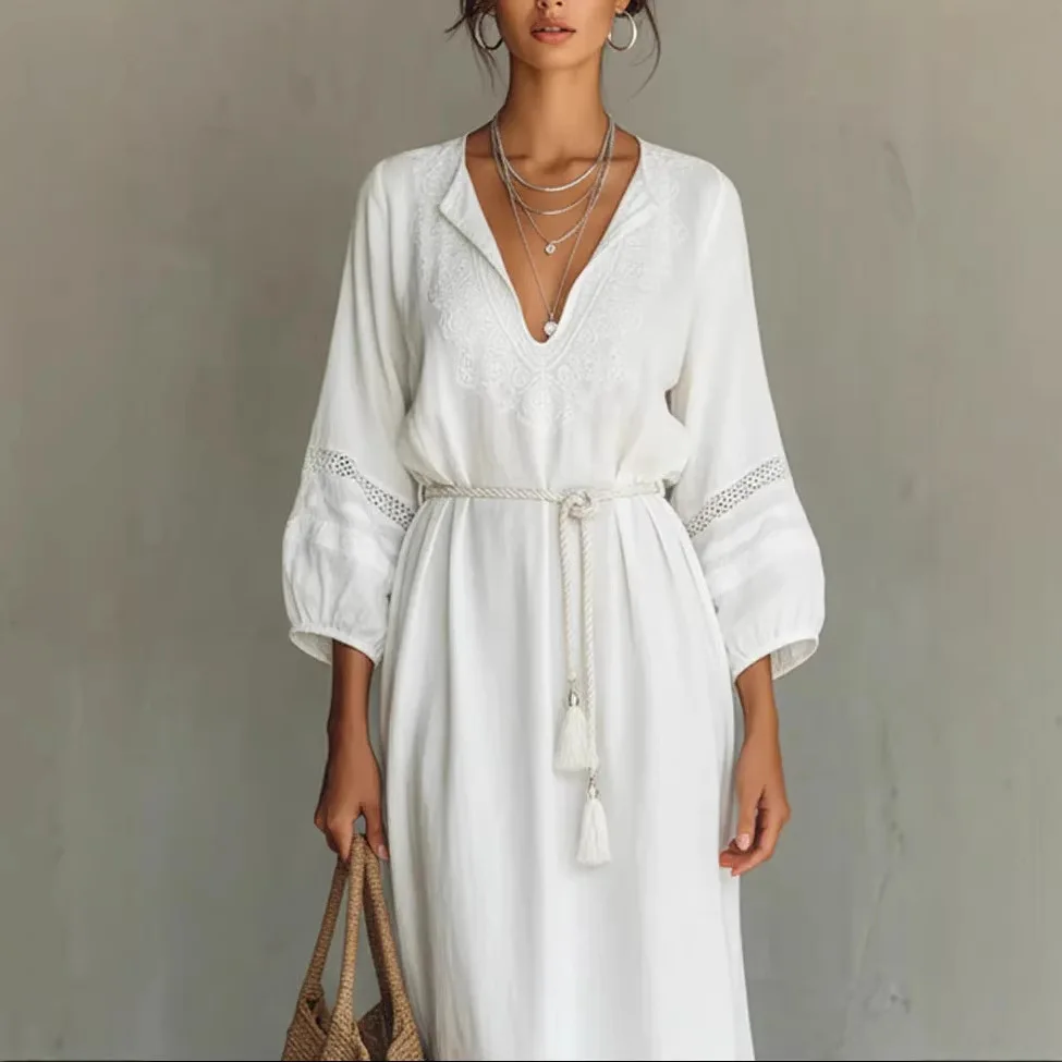 Spring Loose Waist Dress Artistic Elegant Solid Color Refined Handmade Lace Dress