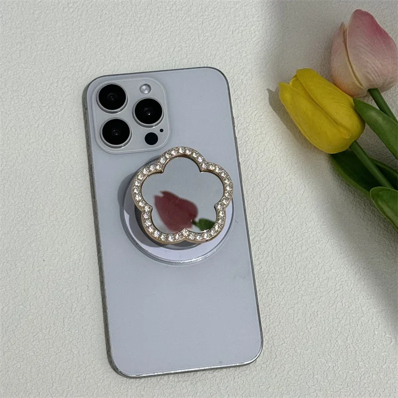 Luxury Shiny Diamond Silver Gold Mirror Square Heart Flower Circular Ring Holder for Magsafe Magnetic Support Phone Grip Bracket