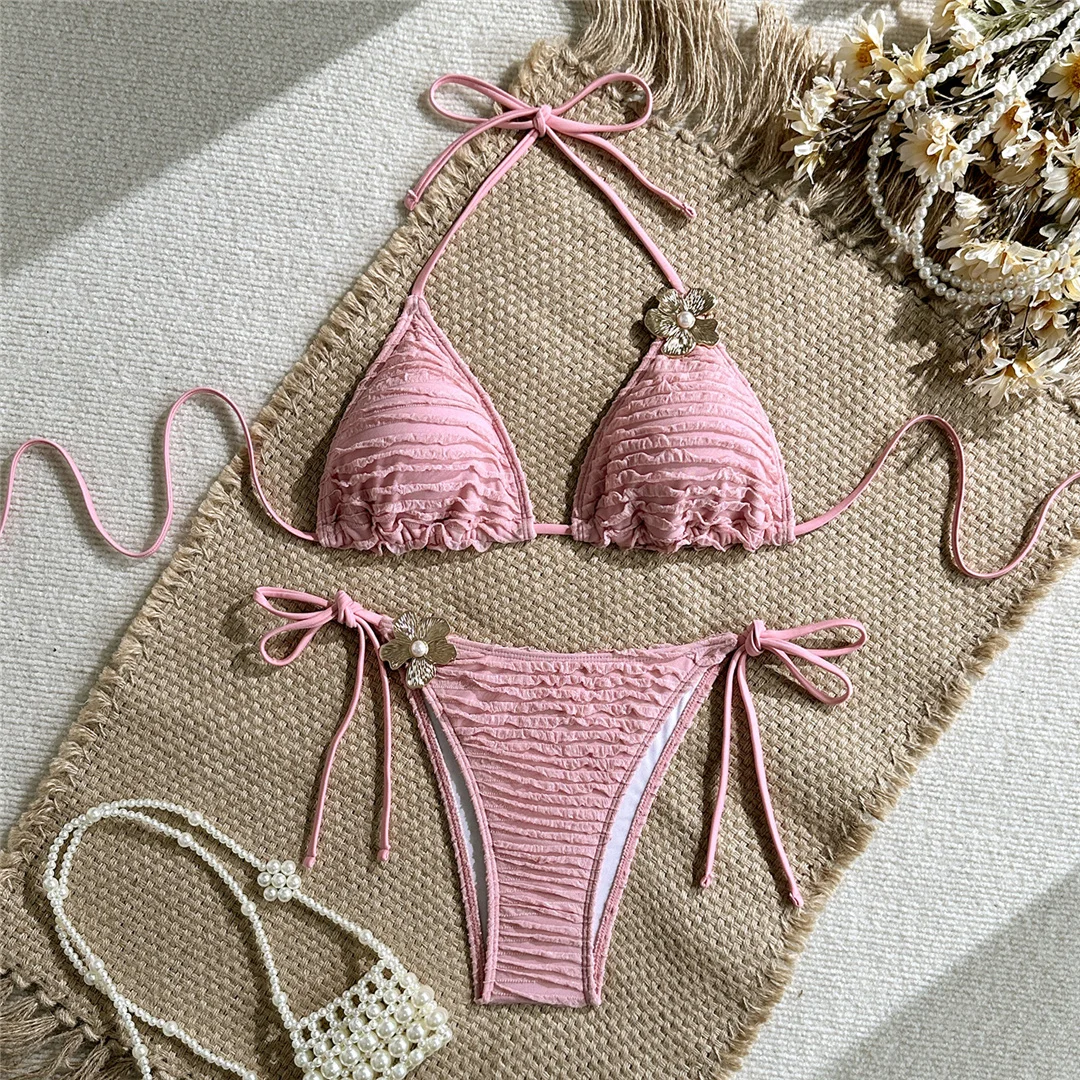 Zweiteiliges Bikini-Set mit Metallblumen-Design, Neckholder-Bikini, Damen-Badeanzug, Damen-Bademode, geraffter, gepolsterter Badeanzug, Badebekleidung, Modell V7478. – Detail 20