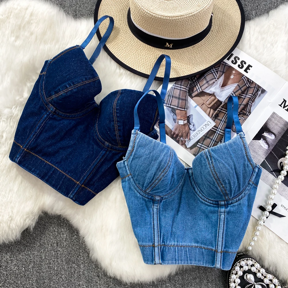 Women's bodice style denim corset straps summer's new hot sweetheart denim tank top bodysuit