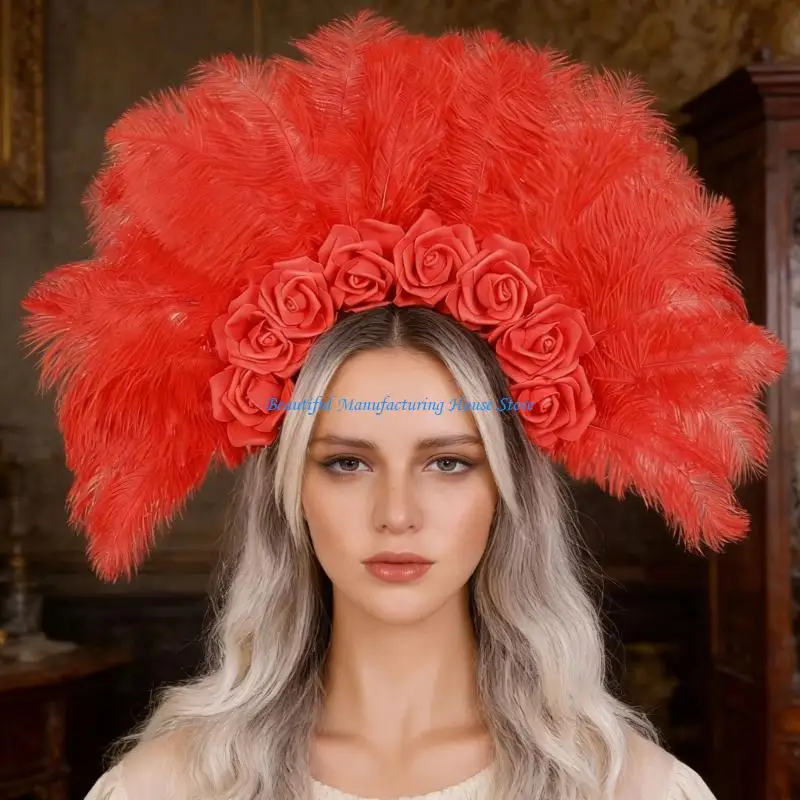 E56A Elegant Feathered Crowns Hairband NonSlip Party Hairhoop For Carnivals Parades