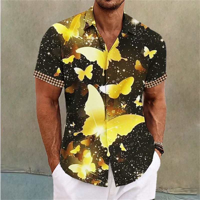 Summer Hawaiian Men's Shirt Butterfly Pattern Printed Feather Cuffed Shirt Outdoor Street Short Sleeve Clothing Fashion Designer