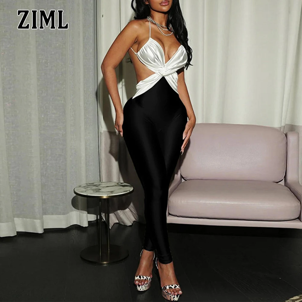 

ZIML Hit Color Slimming Backless Jumpsuit for Women Square Collar Sleeveless High Waist Temperament Jumpsuits Female Fashion New