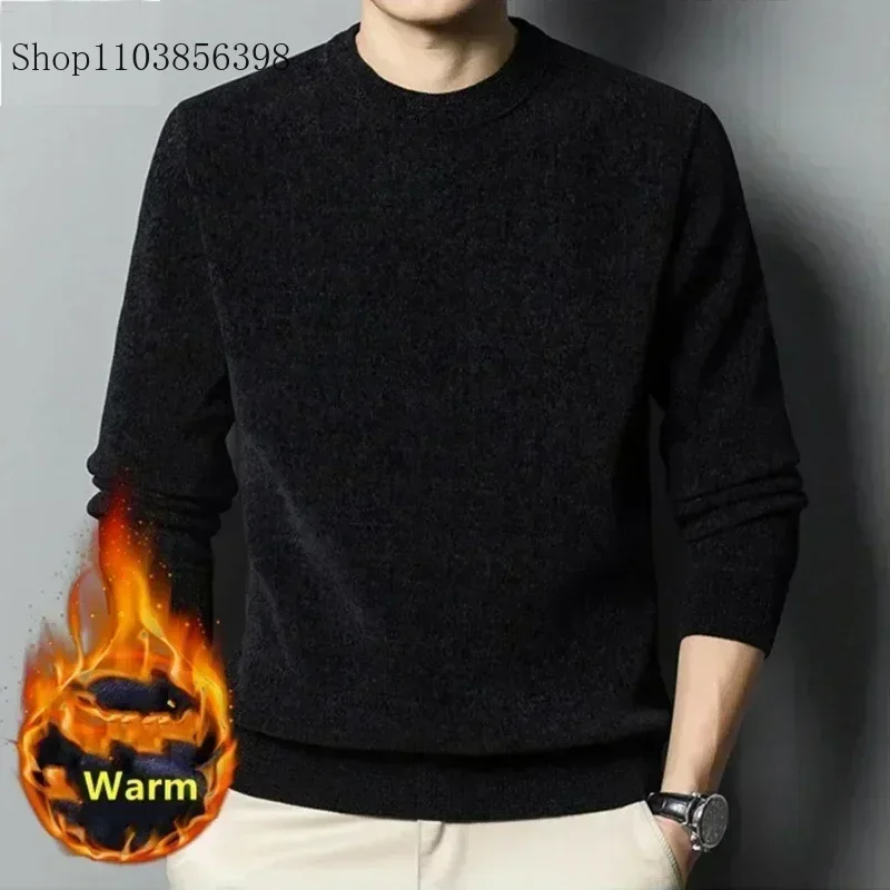 2024 New Men\'s Thickened Sweater Knitted Sweaters Men Solid Fleece Crew Neck Warm Casual Top Pullover Male Knitwear Oversize 4XL