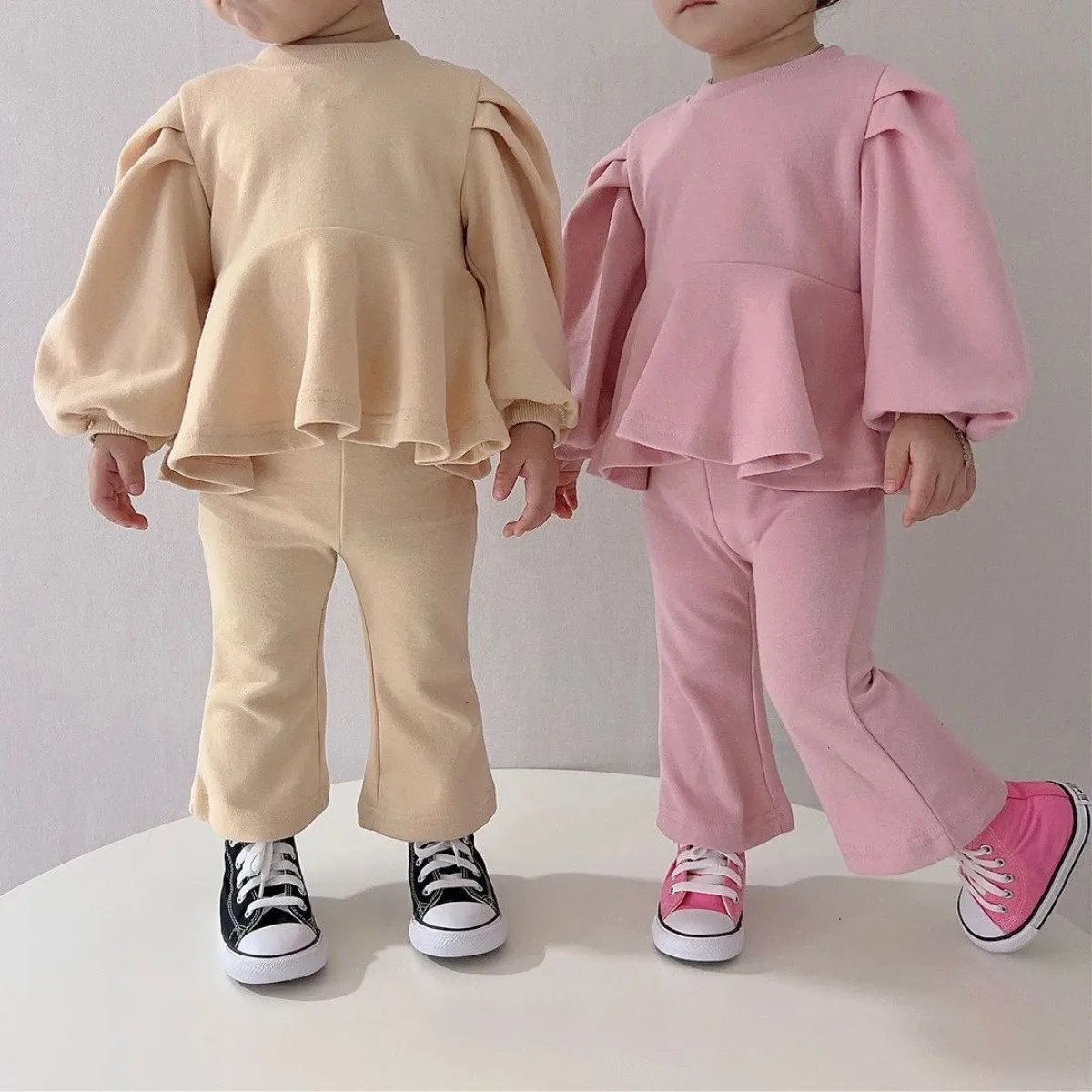 2024 Spring New Baby Girl Long Sleeve Clothes Set Kids Girls Puff Sleeve Sweatshirt + Flared Pants 2pcs Suit Children Outfits