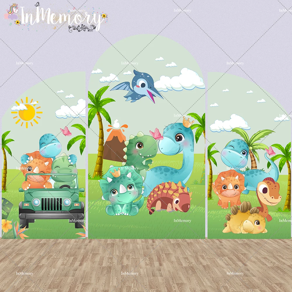 Dinosaurus Jongen Verjaardagsfeestje Boog Muur Achtergrond Jungle Tropische Safari Wild Poster Achtergrond Gebogen Muur 2-Zijdige Photobooth
