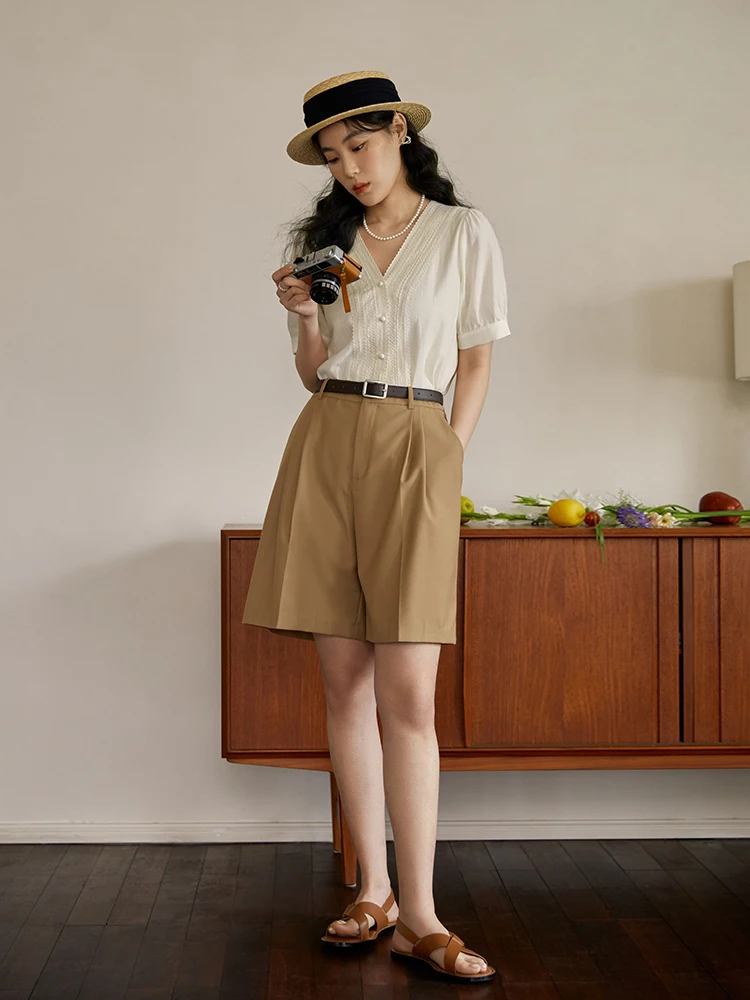 DUSHU Women V-Neck Lace Short Sleeve Blouse 2023 Summer Beige Temperament Single Brested Women Shirts Office Lady Tops