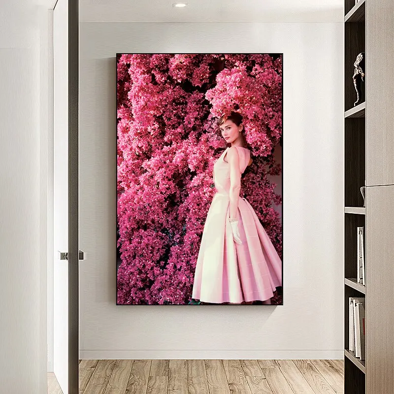 Audrey Hepburn Canvas Painting in Pink Dress  Modern Wall Art with Rose Flowers  Decorative Poster Prints for Room Home Decor